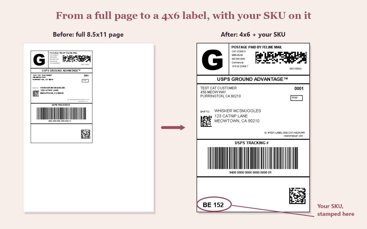 A full-page Vinted label next to the same label cropped to 4x6 with the SKU BE 152 stamped at the bottom.